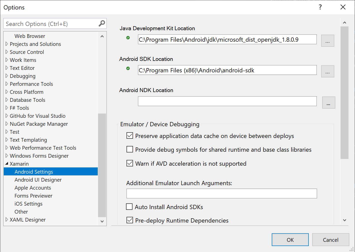 Visual Studio Android settings