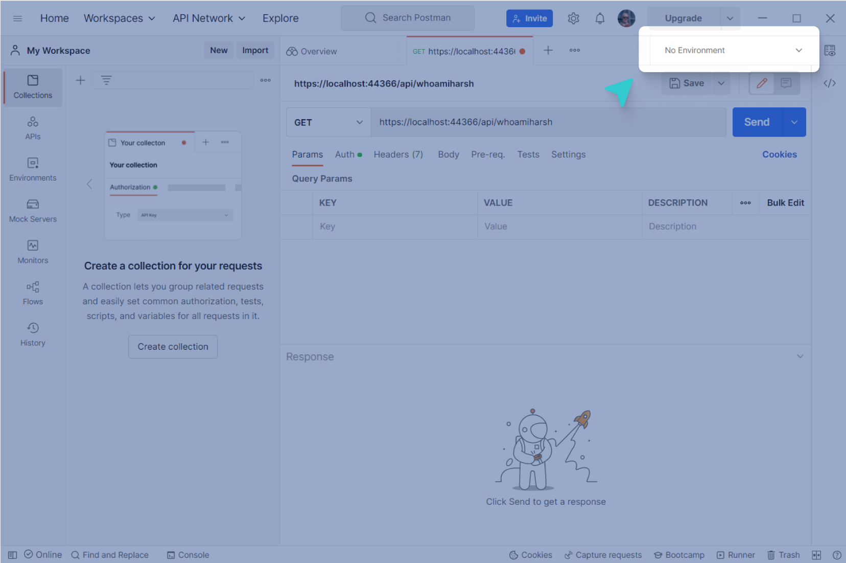 Postman environment list: Displays an arrow pointing to the box in the upper-right corner of the window that contains environments for use with Postman