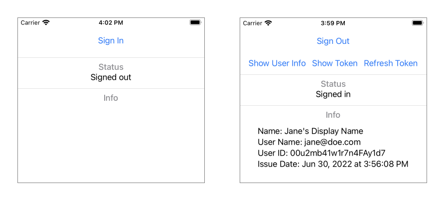 Two iPhone images that show the signed-out and signed-in UI.